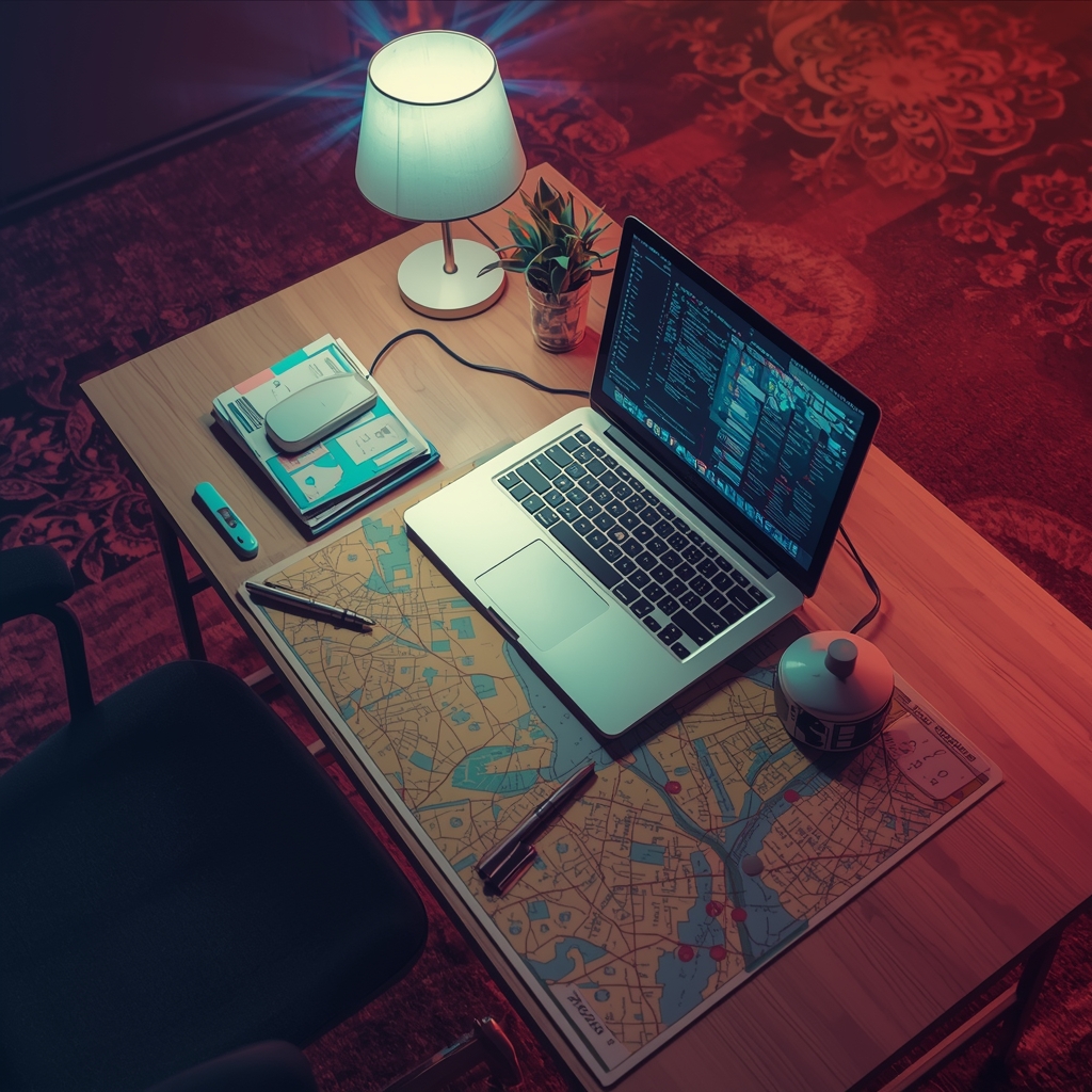 lucid-origin_a_surreal_and_vibrant_cinematic_photo_of_“Sobre_escritorio_técnico_mapas_impr-0