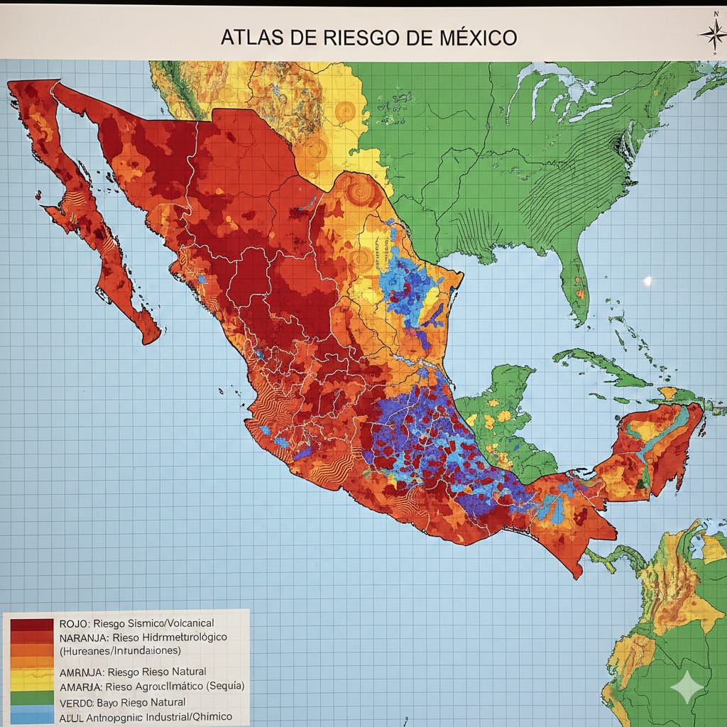 Mapa de atlas de riesgo con análisis geoespacial y zonas de peligro
